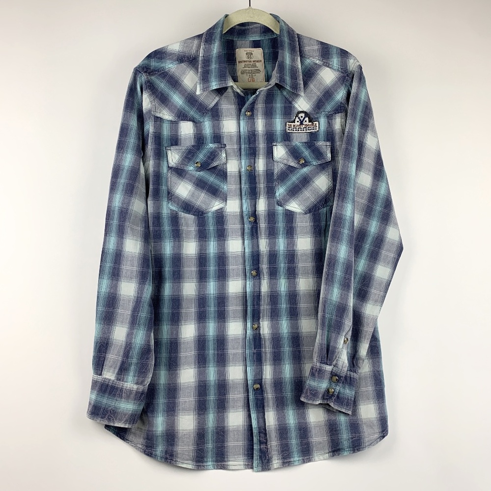 Retro Route 66 Blue/Teal Plaid Western Style Long Sleeve Summer Shirt Size LG